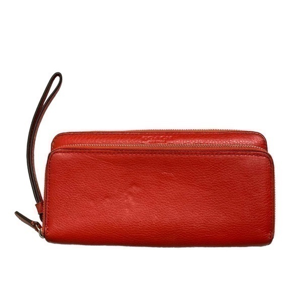 Coach orangy red leather double zipper wristlet clutch bag